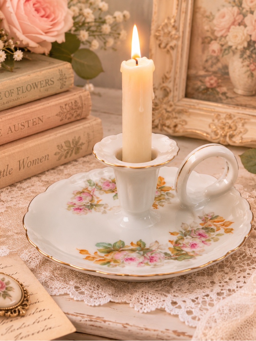 Vintage M.Z. Austria Porcelain Chamberstick Candle Holder Gold Trim Shabby Chic